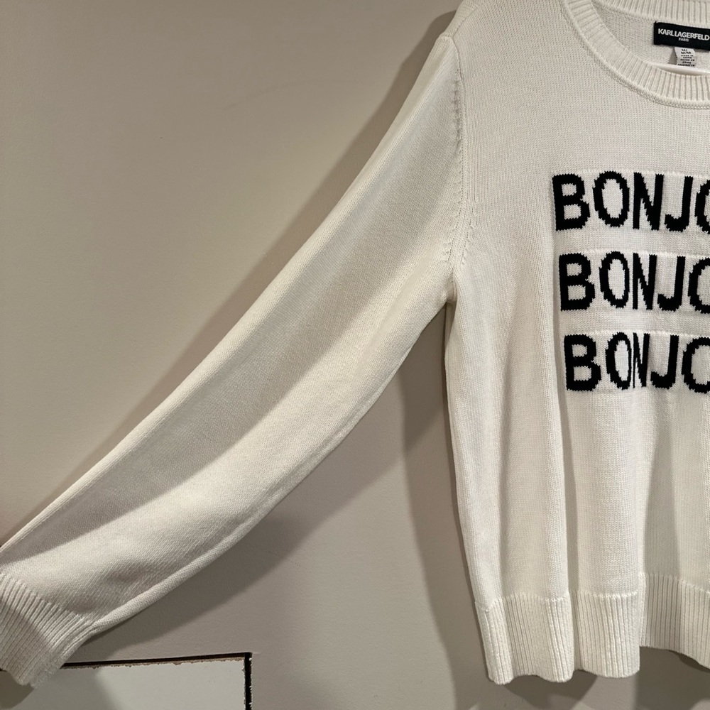 KARL LAGERFELD Black & White Bonjour Pullover Sweater Crewneck Cotton 93% EUC M - Picture 6 of 16